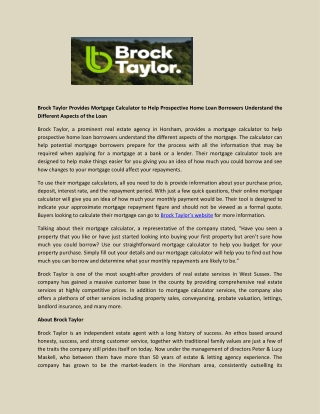 Brock Taylor Provides Mortgage Calculator to Help Prospective Home Loan Borrowers Understand the Different Aspects of th