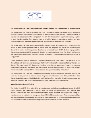 The Harley Street ENT Clinic Offers the Highest Quality Diagnosis and Treatment for all Nose Disorders