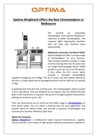 Optima Weightech Offers the Best Checkweighers in Melbourne