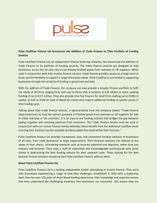 Pulse Cashflow Finance Ltd Announces the Addition of Trade Finance to Their Portfolio of Funding Services