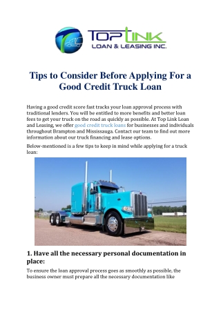 Tips to Consider Before Applying For a Good Credit Truck Loan