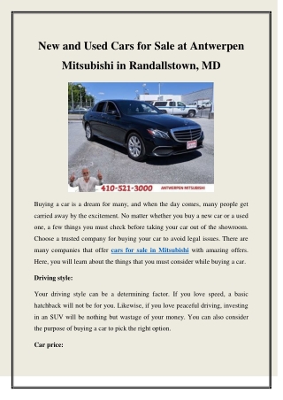 New and Used Cars for Sale at Antwerpen Mitsubishi in Randallstown, MD