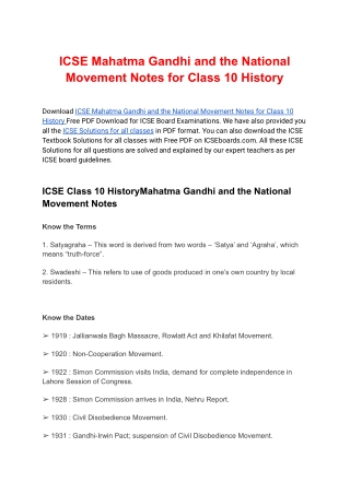 Mahatma Gandhi and the National Movement Notes for Class 10 History
