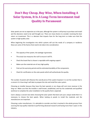 Don’t Buy Cheap, Buy Wise, When Installing A Solar System, It Is A Long-Term Investment