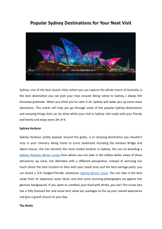 Popular Sydney Destinations for Your Next Visit