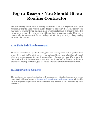 Top 10 Reasons You Should Hire a Roofing Contractor