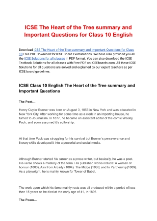 The Heart of the Tree summary and Important Questions for Class 10