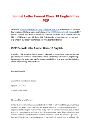 Formal Letter Format Class 10 English Free PDF Download