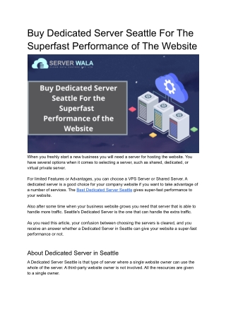 Buy Dedicated Server Seattle For the superfast Performance of the Website