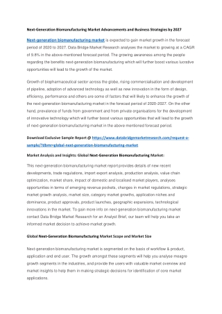 Next-Generation Biomanufacturing Market Advancements and Business Strategies by 2027