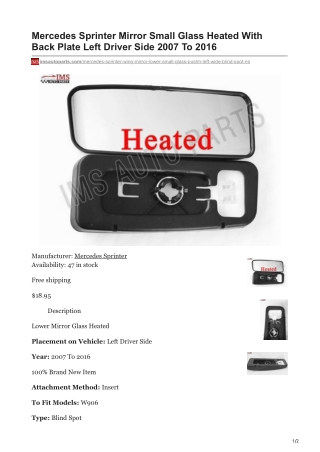 imsautoparts.com-Mercedes Sprinter Mirror Small Glass Heated With Back Plate Left Driver Side 2007 To 2016