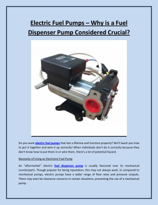 Electric Fuel Pumps – Why is a Fuel Dispenser Pump Considered Crucial