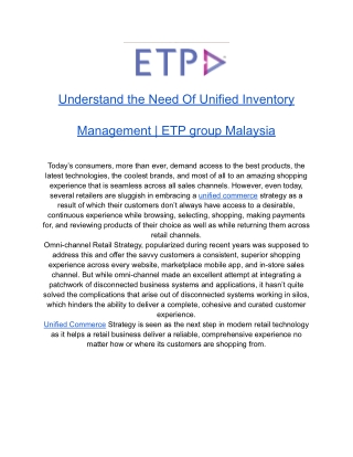 Understand the Need Of Unified Inventory Management | ETP group Malaysia