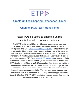 Create Unified Shopping Experience | Omni Channel POS | ETP Hong Kong