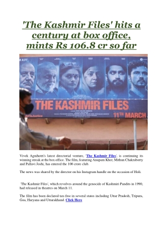 'The Kashmir Files' hits a century at box office, mints Rs 106.8 cr so far