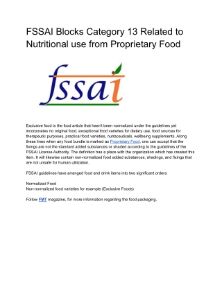 FSSAI Blocks Category 13 Related to Nutritional use from Proprietary Food