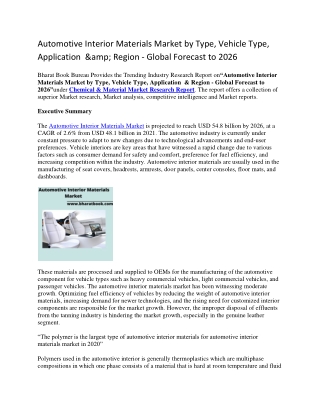 Automotive Interior Materials Market by Type, Vehicle Type, Application  &amp; Region - Global Forecast to 2026-converte