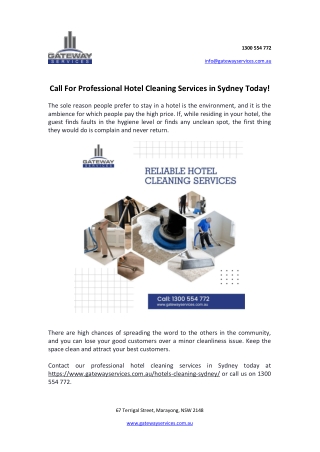 Call for professional hotel cleaning services in Sydney today!