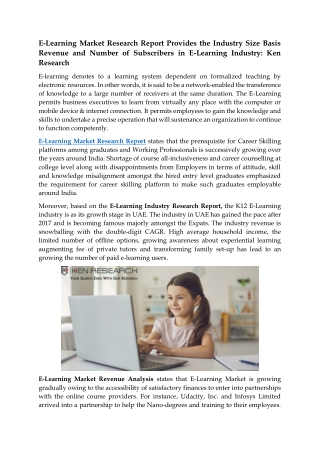 E-Learning Market Research Report Provides the Industry Size Basis Revenue and N