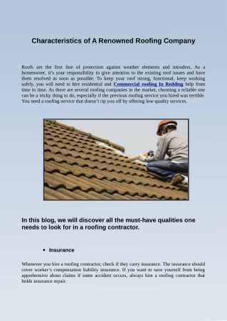 Characteristics of A Renowned Roofing Company