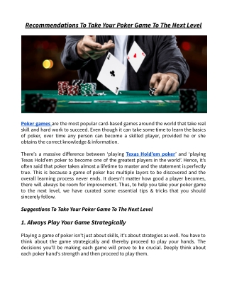 Recommendations To Take Your Poker Game To The Next Level