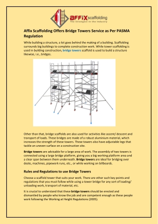 Affix Scaffolding Offers Bridge Towers Service as Per PASMA Regulation
