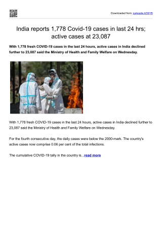 India reports 1,778 Covid-19 cases in last 24 hrs-active cases at 23,087