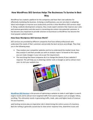 How WordPress SEO Services Helps The Businesses To Survive In Best Way
