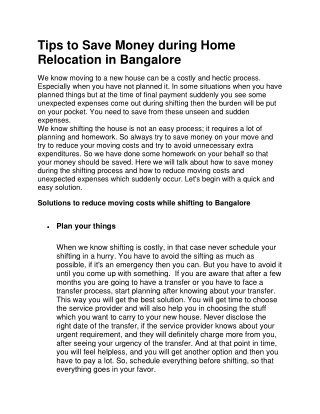 Tips to Save Money during Home Relocation in Bangalore
