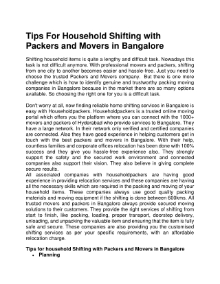 Tips For Household Shifting With Packers and Movers in Bangalore
