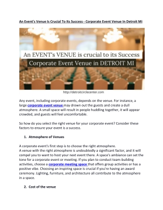 An Event’s Venue Is Crucial To Its Success—Corporate Event Venue In Detroit Mi