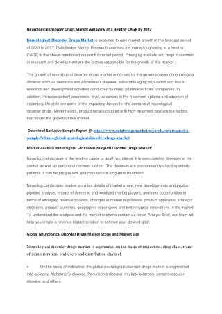 Neurological Disorder Drugs Market will Grow at a Healthy CAGR by 2027