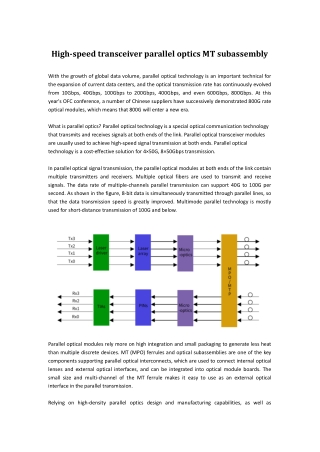 High-speed transceiver parallel optics MT subassembly