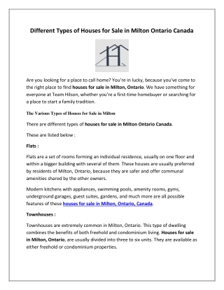 Different Types of Houses for Sale in Milton Ontario Canada