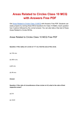 Areas Related to Circles Class 10 MCQ with Answers Free PDF