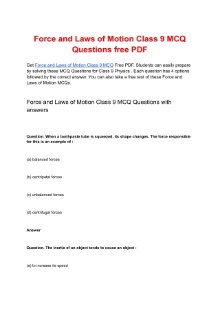 Force and Laws of Motion Class 9 MCQ Questions free PDF