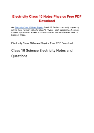 Electricity Class 10 Notes Physics Free PDF Download