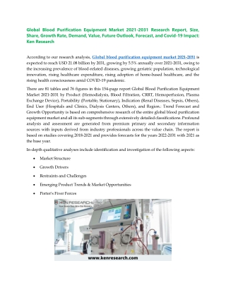 Global Blood Purification Equipment Market Analysis - Ken Research