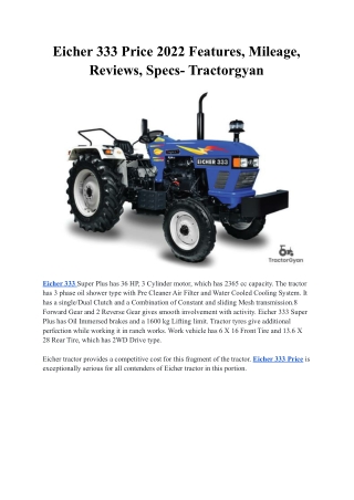 Eicher 333 Price 2022 Features, Mileage, Reviews, Specs- Tractorgyan