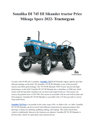 Sonalika DI 745 III Sikander tractor Price Mileage Specs 2022- Tractorgyan