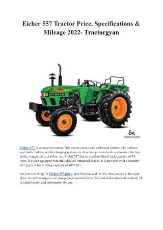 Eicher 557 Tractor Price, Specifications & Mileage 2022- Tractorgyan