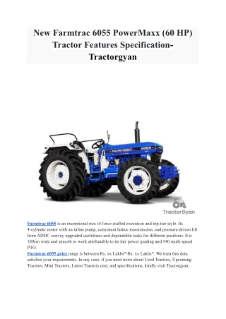 New Farmtrac 6055 PowerMaxx (60 HP) Tractor Features Specification- Tractorgyan