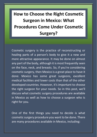 How to Choose the Right Cosmetic Surgeon in Mexico What Procedures Come Under Cosmetic Surgery