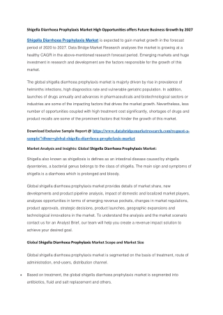 Shigella Diarrhoea Prophylaxis Market High Opportunities offers Future Business Growth by 2027