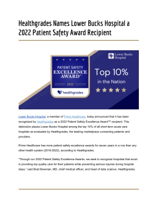 2022 Patient Safety Excellence Award - Lower Bucks Hospital