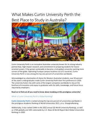 Curtin University Perth is an innovative Australian university known for its str