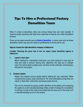 Tips To Hire a Professional Factory Demolition Team