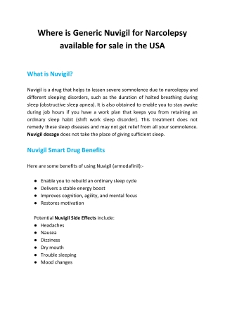 Where is Generic Nuvigil for Narcolepsy available for sale in the USA