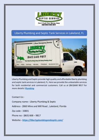 Liberty Plumbing and Septic Tank Services in Lakeland, FL