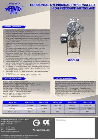 WAH-78 HORIZONTAL CYLINDERICAL TRIPLE WALLED HIGH PRESSURE AUTOCLAVE